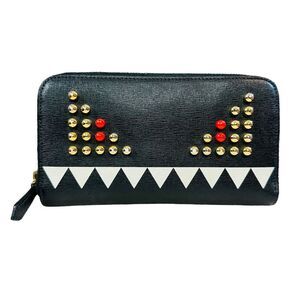 Fendi Black Monster Leather Gold Studded Zip Around Wallet